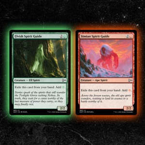 May include: Two Magic: The Gathering trading cards, Elvish Spirit Guide and Simian Spirit Guide, displayed side-by-side. The green-bordered card features an elf spirit in a forest, while the red-bordered card depicts a large ape spirit in snow.
