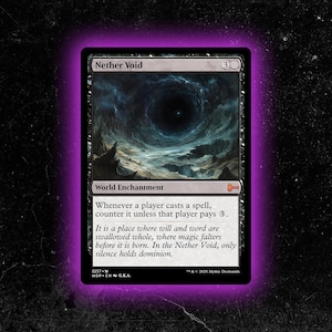 May include: A black and white Magic: The Gathering card titled "Nether Void." The card features a dark, swirling vortex illustration. Text includes "World Enchantment" and game instructions. The card is framed in a purple border.