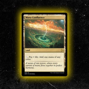 Può includere: Una carta di Magic: The Gathering intitolata "Mana Confluence". La carta presenta un paesaggio con un vortice verde vorticoso e un fulmine. Il testo sulla carta include le istruzioni di gioco e il testo di sapore. La carta è incorniciata con un bordo dorato.