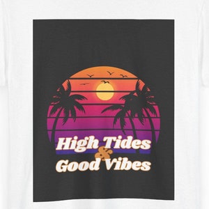 High Tides and Good Vibes Tropical Beach Sunset Palm Tree Unisex Heavy Cotton T-Shirt, Summer Vacation Top, Beach Lover Coastal Gift