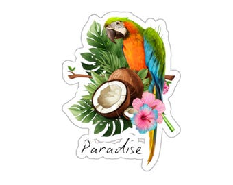 Tropical Stickers, Beachy Parrot Coconut Design, Paradise Floral Sticker Pack, Laptop Decals, Water Bottle Labels, Planner Accessories