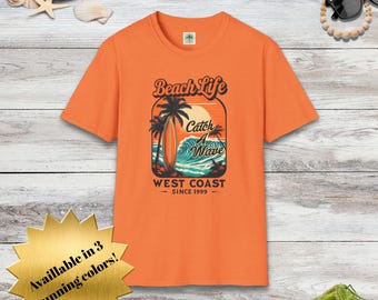 Tropical Beach Life Catch a Wave West Coast Unisex Softstyle T-Shirt, Surfing Tee, Vintage Palm Trees, Beach Lovers Gift, Summer Casual Top