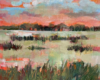 Original Impressionist Acrylic Artwork Summer Marsh Painting 6”x6”