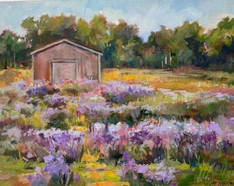 Original Oil Painting, Lavender Field Landscape Art, 11x14 Inch Panel