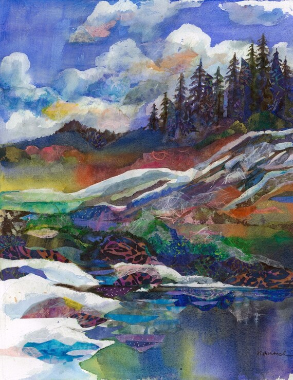 Items similar to Watercolor Mixed Media Mountain View Print by Marty