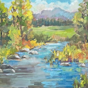 Original Impressionist Oil Plein Air Painting, River Mountain Scene, Artwork