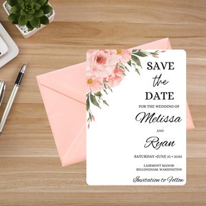 Floral Save the Date, Minimalist Save the Date, Simple Save the Date, Digital Download, Editable, Template, Wedding, Pink, Black and White