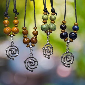 Ceramic Beaded Celestial Star Spiral Charm Pendant Wooden Boho Hippie Whimsical Adjustable Black Rope Cord Choker Stacking Necklace