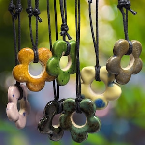 Handmade Ceramic Flower Pendant Boho Hippie Whimsical Adjustable Black Rope Cord Choker Stacking Necklace
