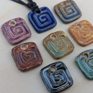 Handmade Ceramic Square Spiral Pendant Y2K Style Boho Hippie Whimsical Choker Adjustable Black Corded Necklace Clay Charms Jewelry