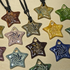 Handmade Ceramic Star Sun Burst Spiral Pendant Y2K Style Boho Hippie Whimsical Choker Adjustable Black Corded Necklace Clay Charms Jewelry