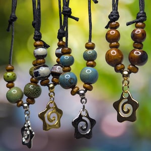 Spiral Star Charm Silver Gold Ceramic Beaded Pendant Wooden Boho Hippie Whimsical Adjustable Rope Cord Choker Stacking Necklace Jewelry