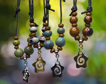 Spiral Star Charm Silver Gold Ceramic Beaded Pendant Wooden Boho Hippie Whimsical Adjustable Rope Cord Choker Stacking Necklace Jewelry