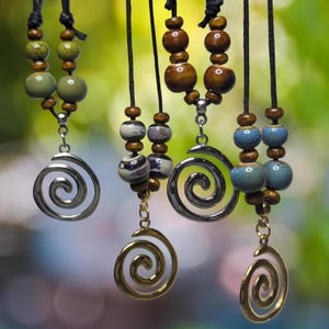 Spiral Swirl Stainless Steel Charm Pendant Ceramic Beaded Silver or Gold Boho Hippie Whimsical Gothic Adjustable Choker Necklace