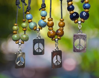 Ceramic Beaded Rectangle Peace Sign Charm Pendant Wooden Boho Hippie Whimsical Cottagecoe Adjustable Black Rope Cord Choker Stacking Necklac