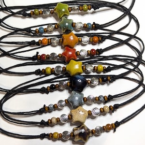 Ceramic Beaded Star Spiral Swirl Y2K Boho Hippie Whimsical Adjustable Black Rope Cord Choker Stacking Necklace