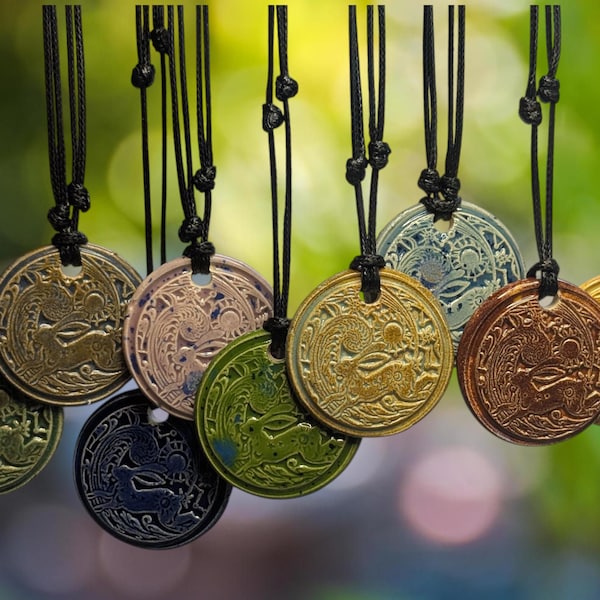 Celestial Hare Rabbit Bunny Cottagecore Ceramic Wax Seal Pendant Hippie Whimsical Choker Adjustable Cord Necklace Clay Charms Celestial