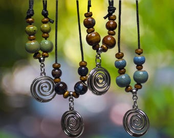Ceramic Beaded Spiral Charm Pendant Wooden Boho Hippie Whimsical Adjustable Black Rope Cord Choker Stacking Necklace
