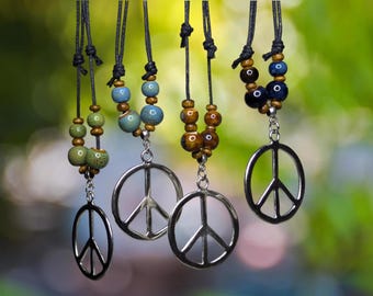 Ceramic Beaded Large Peace Sign Charm Pendant Wooden Boho Hippie Whimsical Cottagecoe Adjustable Black Rope Cord Choker Stacking Necklace