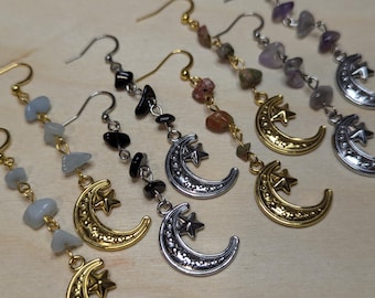 Crescent Moon And Star Charm Stainless Steel Charm Earrings Crystal Dangle Amethyst Aquamarine Obsidian Silver Gold Boho Hippie Whimsical