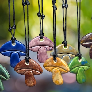 Mushroom Trippy Cottagecore Ceramic Pendant Hippie Whimsical Choker Adjustable Cord Necklace Clay Charms Celestial