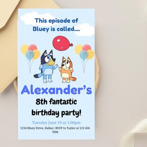 Editable Bluey Birthday Invitation, Blue Birthday Invitation, Boys Kids Birthday Card, Cute Cartoon, Digital Download, Editable Template