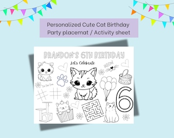 Personalized Kitty Cat Birthday Placemat | Coloring Activity (Digital Download)