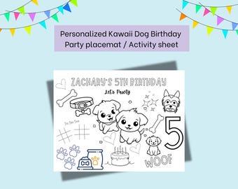 Personalized Kawaii Dog Birthday Activity Sheet | Party Placemat (Digital Download)