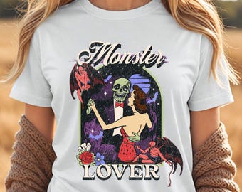 Retro Monster Lover T-Shirt | Spooky Skeleton Couple Graphic Tee