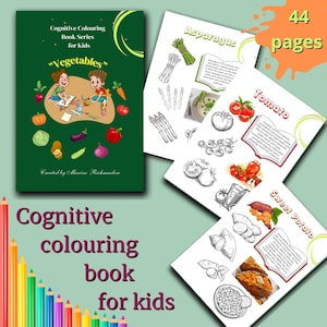 May include: A black and white colouring book for kids featuring vegetables. The cover shows two children colouring a picture of vegetables. The book includes 44 pages with colouring pages for asparagus, tomato, and sweet potato.