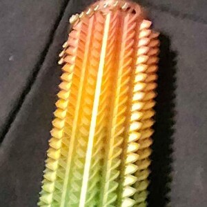 Op de afbeelding: Een kleurrijk, meerlagig, cilindrisch object met een textuur. Het object is gemaakt van een materiaal dat lijkt op plastic of glas. Het object is een kleurverloop, beginnend met rood aan de bovenkant en overgaand naar groen aan de onderkant.