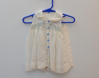 Vintage Baby Dress Smocked Sleeveless White Light Cotton with Blue Buttons and Collar