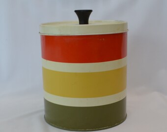 on SALE Vintage Striped Tin with Black Knob Lid for Flour or Sugar or Coffee Kitchen Metal Tin Home Decor Shelf Piece