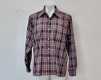 Vintage GOLDEN KEY plaid long sleeve shirt size Large box hem made in USA