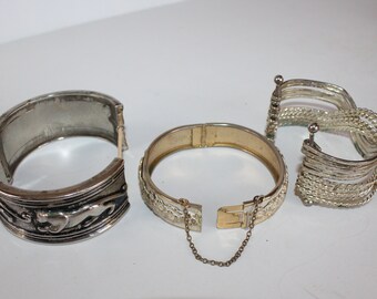 Vintage Bracelet Lot of 3 Bracelets Chunky Bracelets Silver Panther, White and Gold Flowers