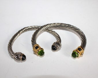 Vintage Bracelet Set of Two Cuffs with Rope Chain Style and Faux Gemstones on the Ends