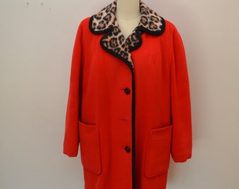 Vintage RED wool LEOPARD print lined women's winter coat made in USA Penguin Fashions Minneapolis