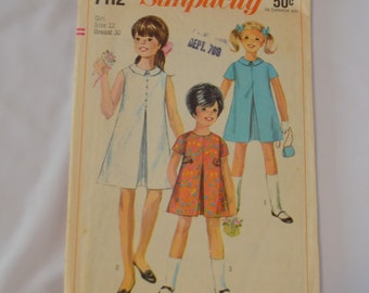 Vintage Sewing Pattern Simplicity 7112 Child's Dress A-Line with Inverted Pleat Size 12 Copyright 1967