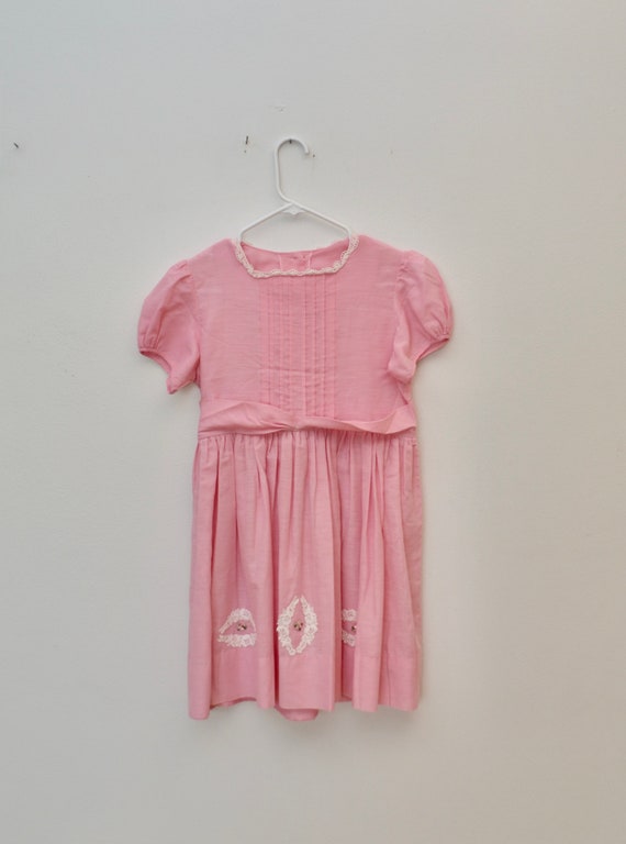 Vintage GIRL'S pink DRESS handmade homemade embro… - image 1