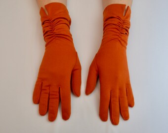 Vintage FOWNES NYLO over the wrist orange gloves made in USA stretchy