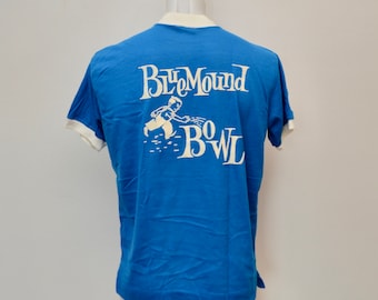 Vintage BLUEMOUND BOWL bowling shirt FLOCKED print made in usa size large Milwaukee Wisconsin 1970's