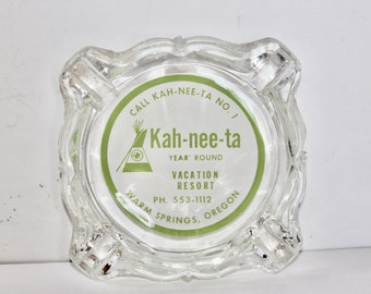 Vintage KAH-NEE-TA Vacation Resort clear glass ashtray advertising Warm Springs Oregon