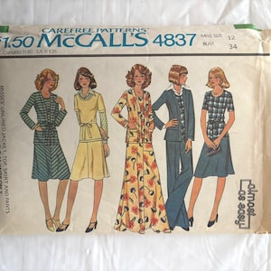 on sale Vintage Sewing Pattern McCall&#39;s 4837 Misses&#39; Unlined Jacket, Top, Skirt, and Wide Leg Pants for Stretch Knits Size 12 Copyright 1975