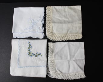 on sale Vintage Lot of 4 Hankies  | White with Embroidery and Fancy Edgework | Ladies Handkerchiefs