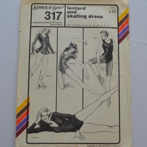 May include: Vintage sewing pattern for a leotard and skating dress, featuring illustrations of the designs. The cover is off-white with text and illustrations in black. The pattern is labeled "Stretch & Sew 317" and includes bust sizes 28-44.
