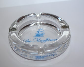 Vintage The Mayflower Ashtray Clear Glass Hotel Advertising Ashtray