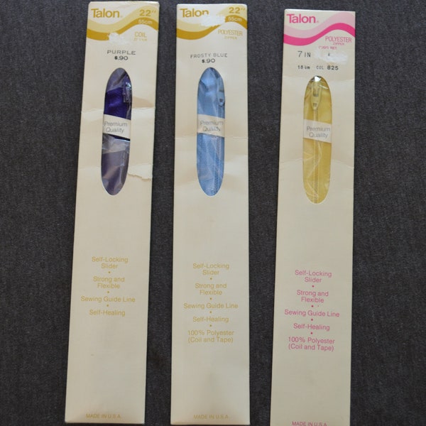 last chance Vintage Talon Zippers Lot of 3 Frosty Blue Purple and Yellow Polyester 22 inches and 7 inches 1970s