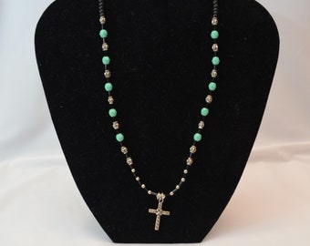 last chance Vintage Cross Necklace with Turquoise, Black, and Silver Beads Silver Crucifix