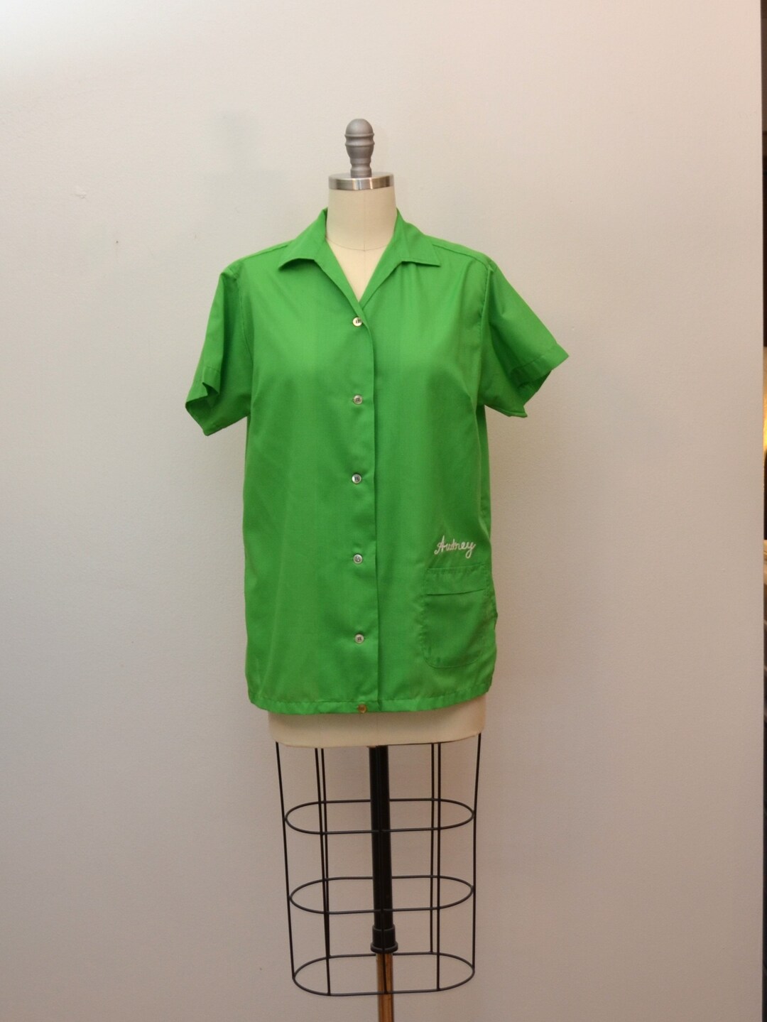 Vintage Women's Bowling Shirt Green With Audrey Chain Stitching Short