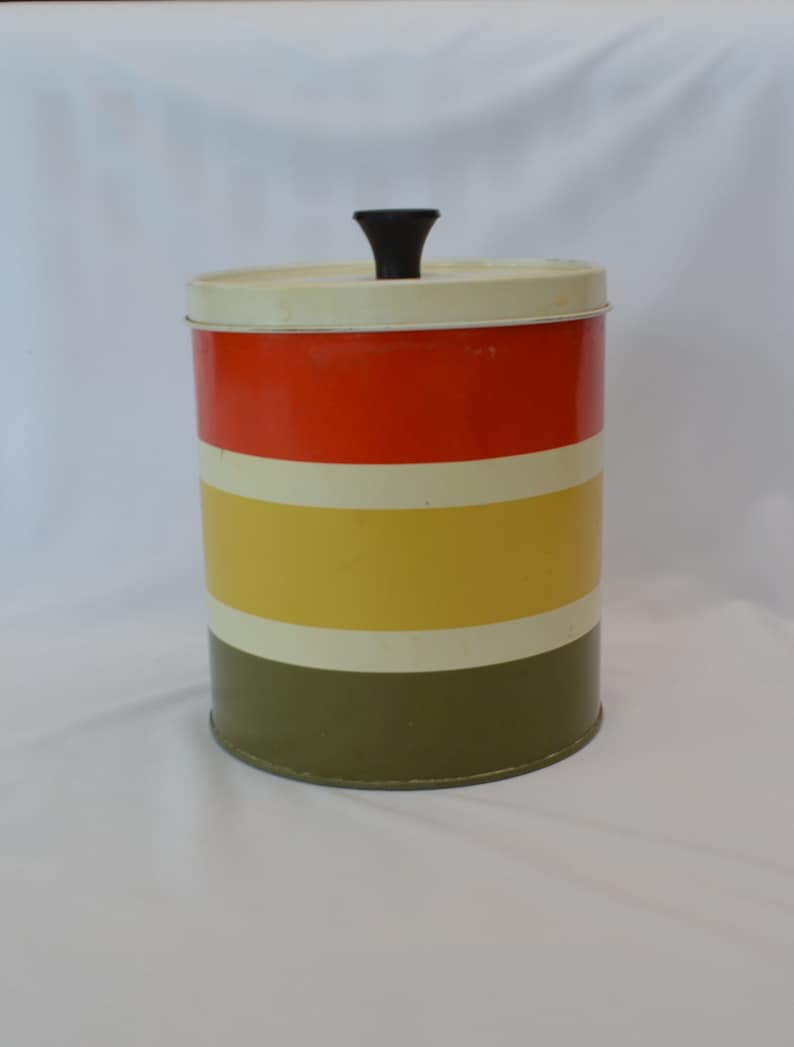 on SALE Vintage Striped Tin with Black Knob Lid for Flour or Sugar or Coffee Kitchen Metal Tin Home Decor Shelf Piece image 1